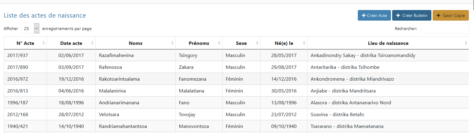 Recherche actes de naissance