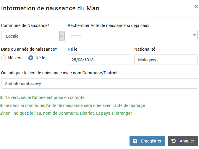 Informations naissance du marié
