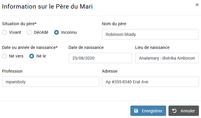 Informations père du marié