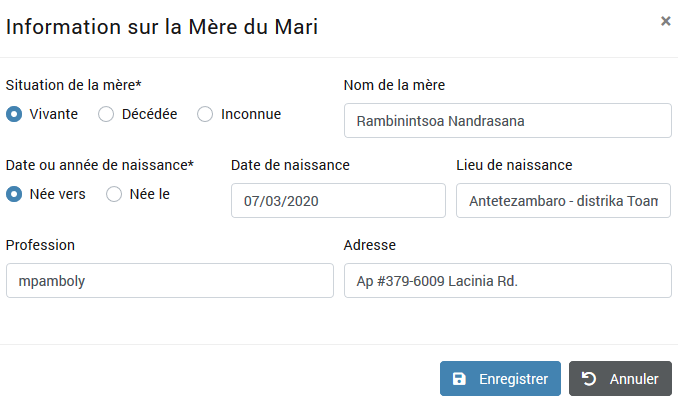 Informations mère du marié